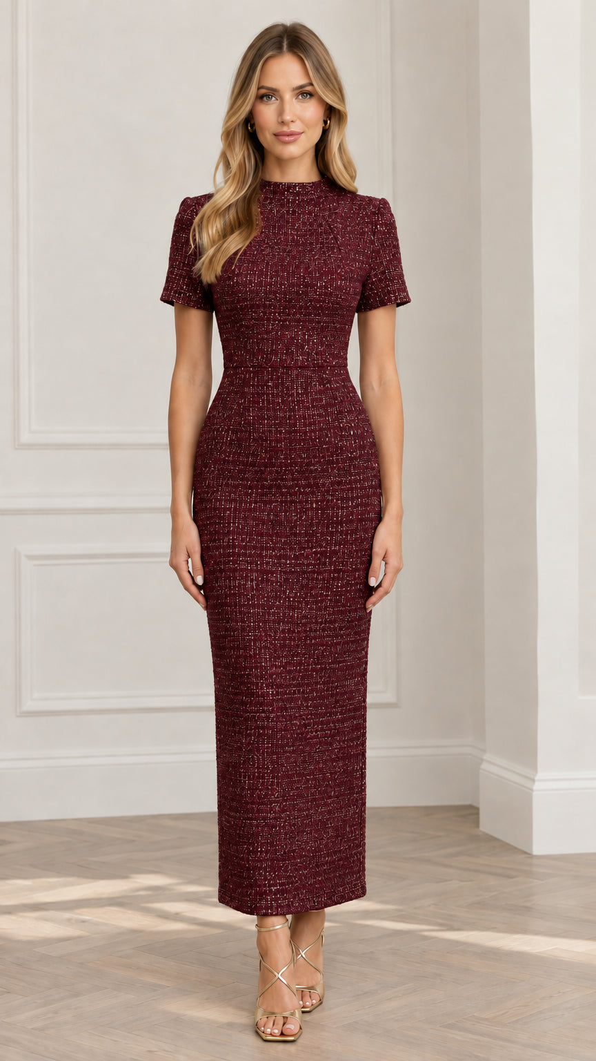 Front view of woman wearing Burgundy short sleeve tweed maxi sheath dress