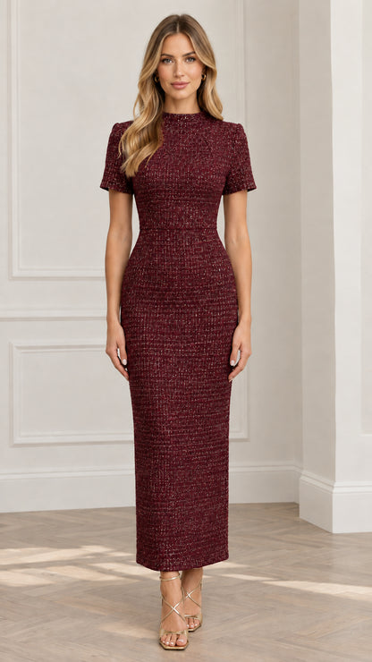 Front view of woman wearing Burgundy short sleeve tweed maxi sheath dress