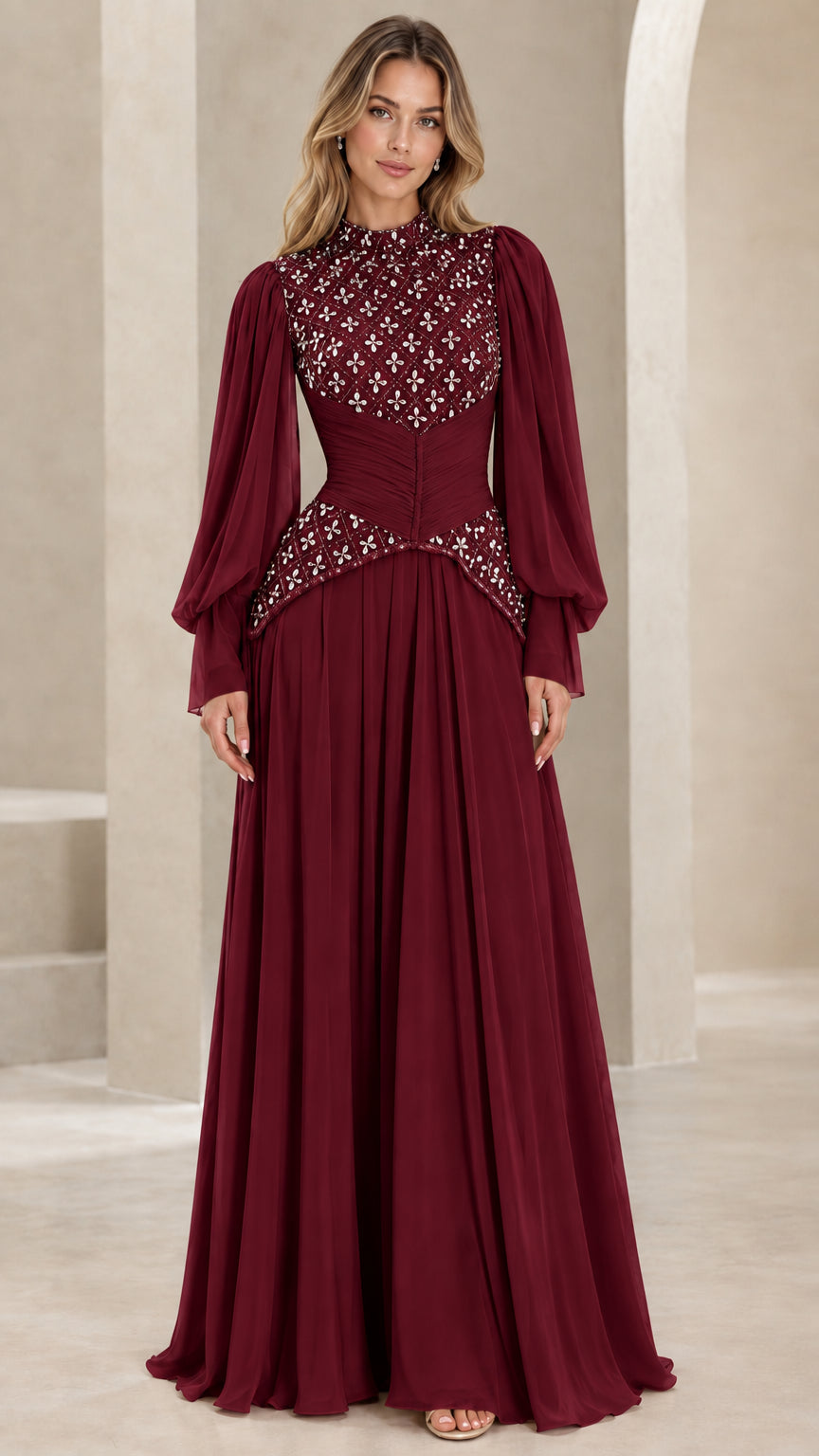 Burgundy wine red formal chiffon gown with beaded bodice and bishop sleeves