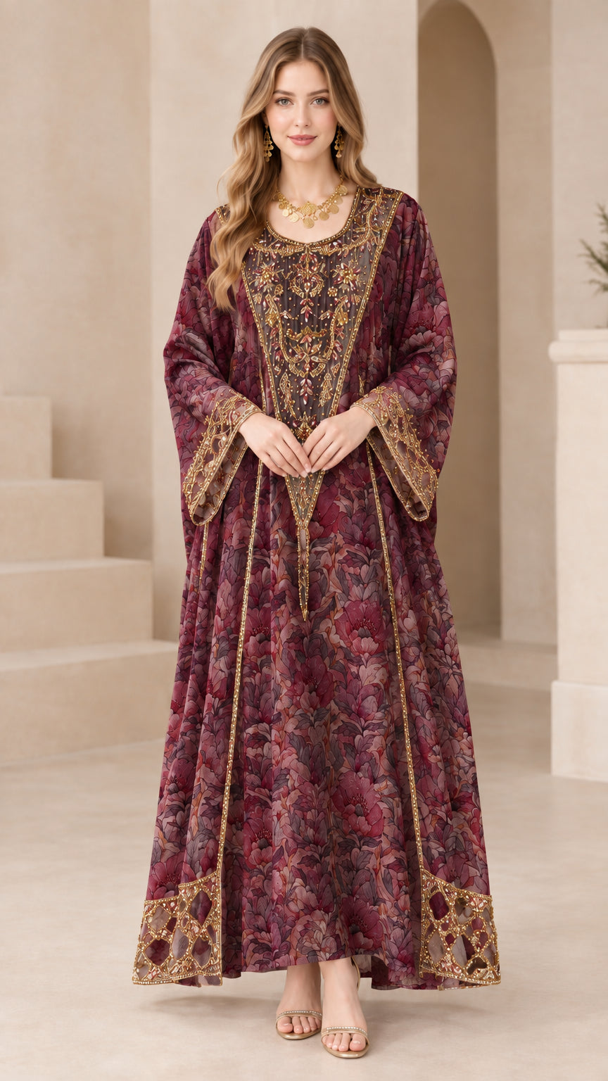 Burgundy floral embroidered kaftan maxi dress