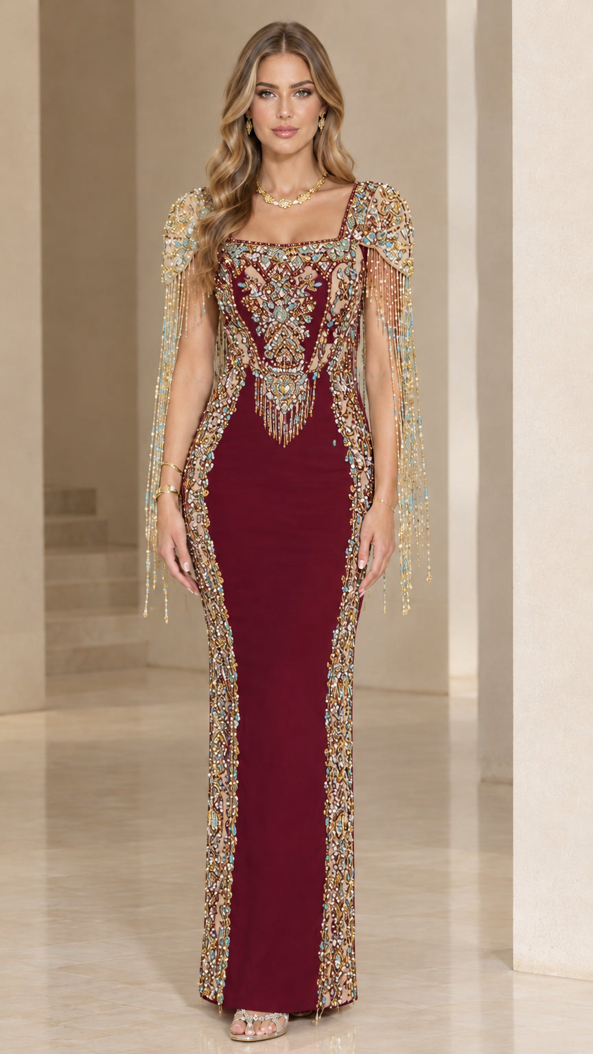 Burgundy wine formal evening dress with beaded bodice and fringe sleeves