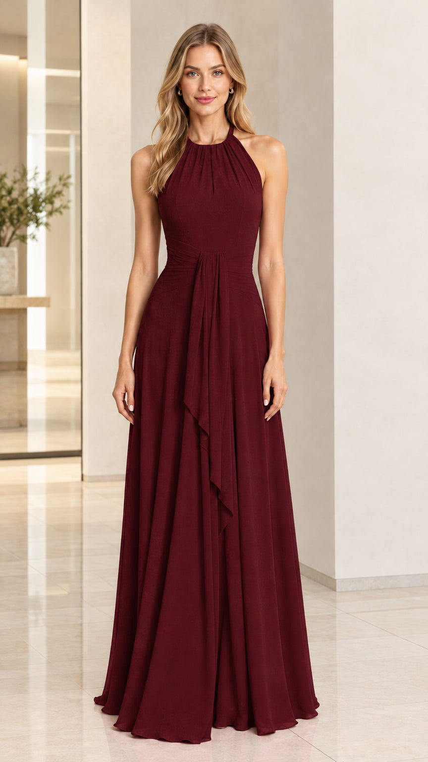 Model wearing a deep burgundy halter neck pleated formal evening gown