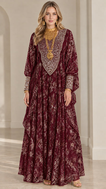 Front view of burgundy wine embroidered lace kaftan maxi dress