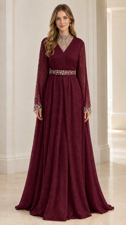 Full front view of burgundy wine red long sleeve formal maxi dress