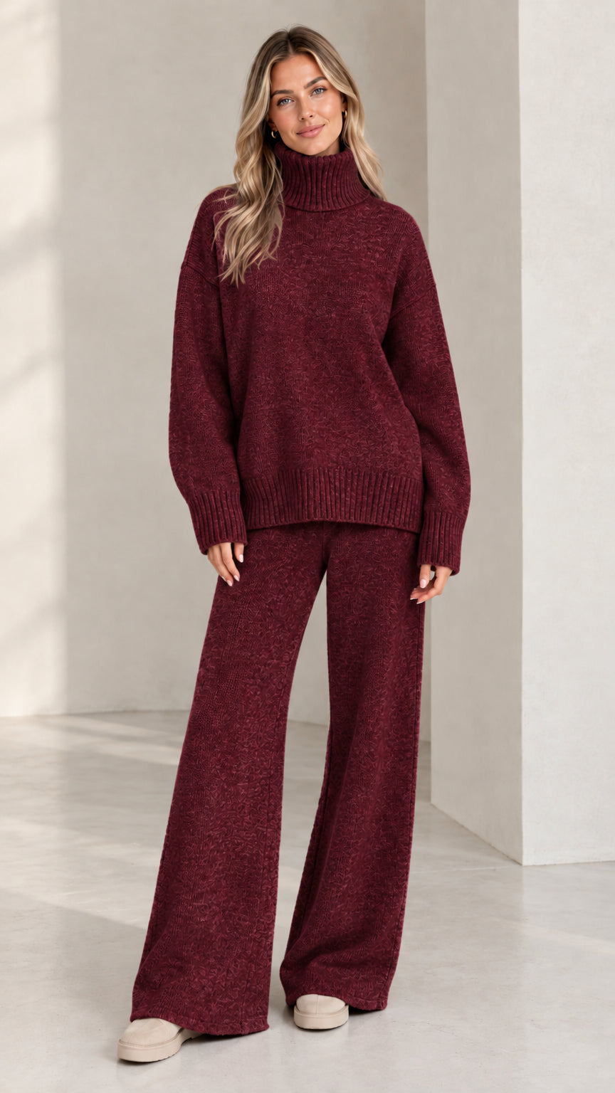 Women's burgundy wine turtleneck knit sweater and matching wide leg pants set