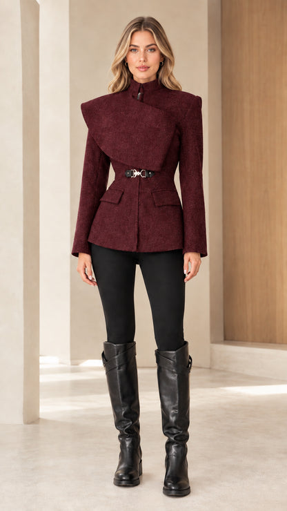 Front view of model wearing the tailored jacket in Burgundy