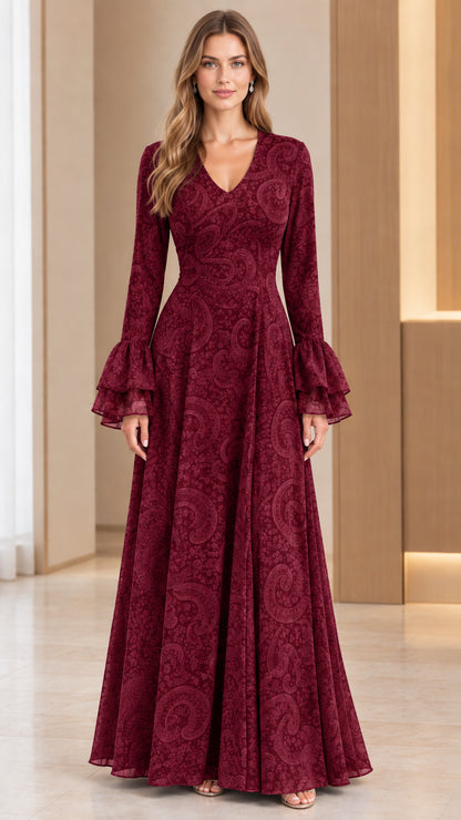 Front full-length view of burgundy wine red jacquard maxi gown