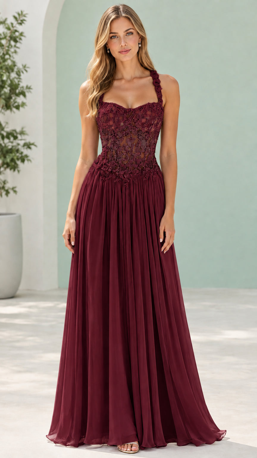 Burgundy wine red floral applique corset formal ball gown