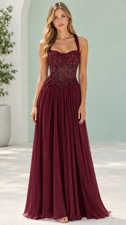 Burgundy wine red floral applique corset formal ball gown