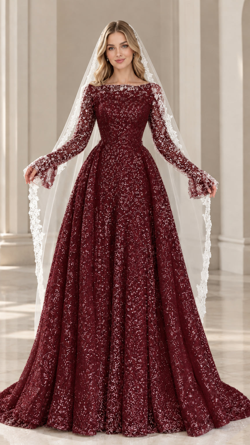 Model wearing burgundy wine red sequin evening dress with matching veil