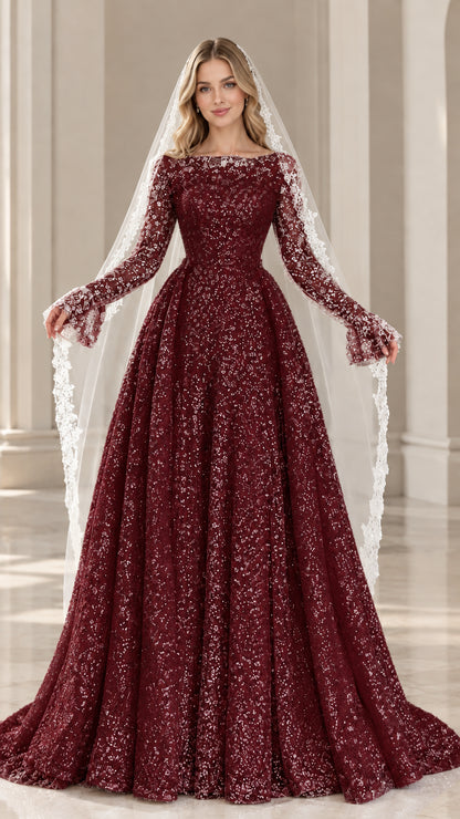 Model wearing burgundy wine red sequin evening dress with matching veil