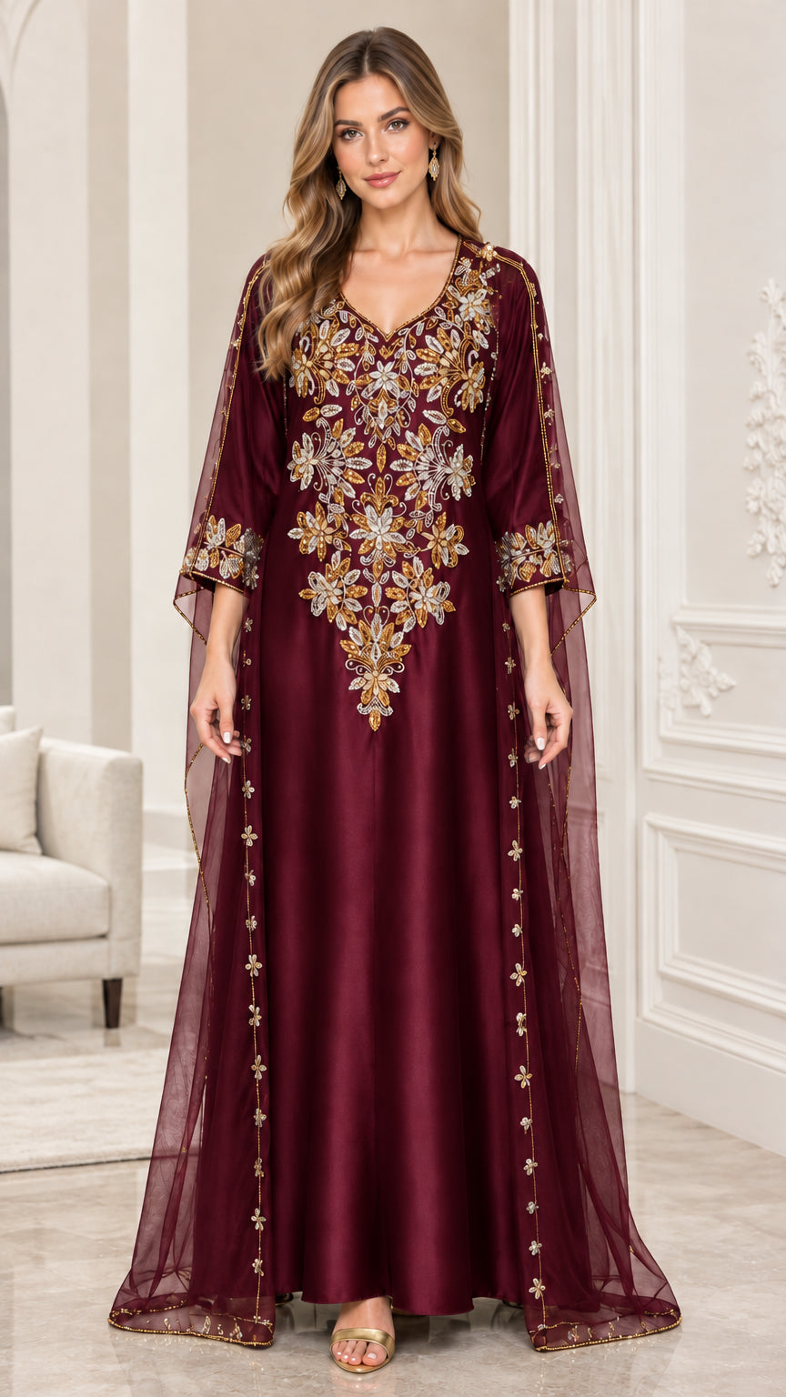 Model wearing Burgundy wine red embroidered cape kaftan maxi dress