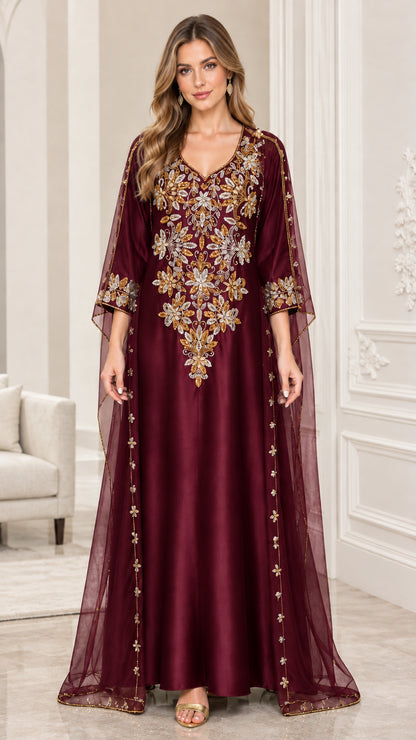 Model wearing Burgundy wine red embroidered cape kaftan maxi dress