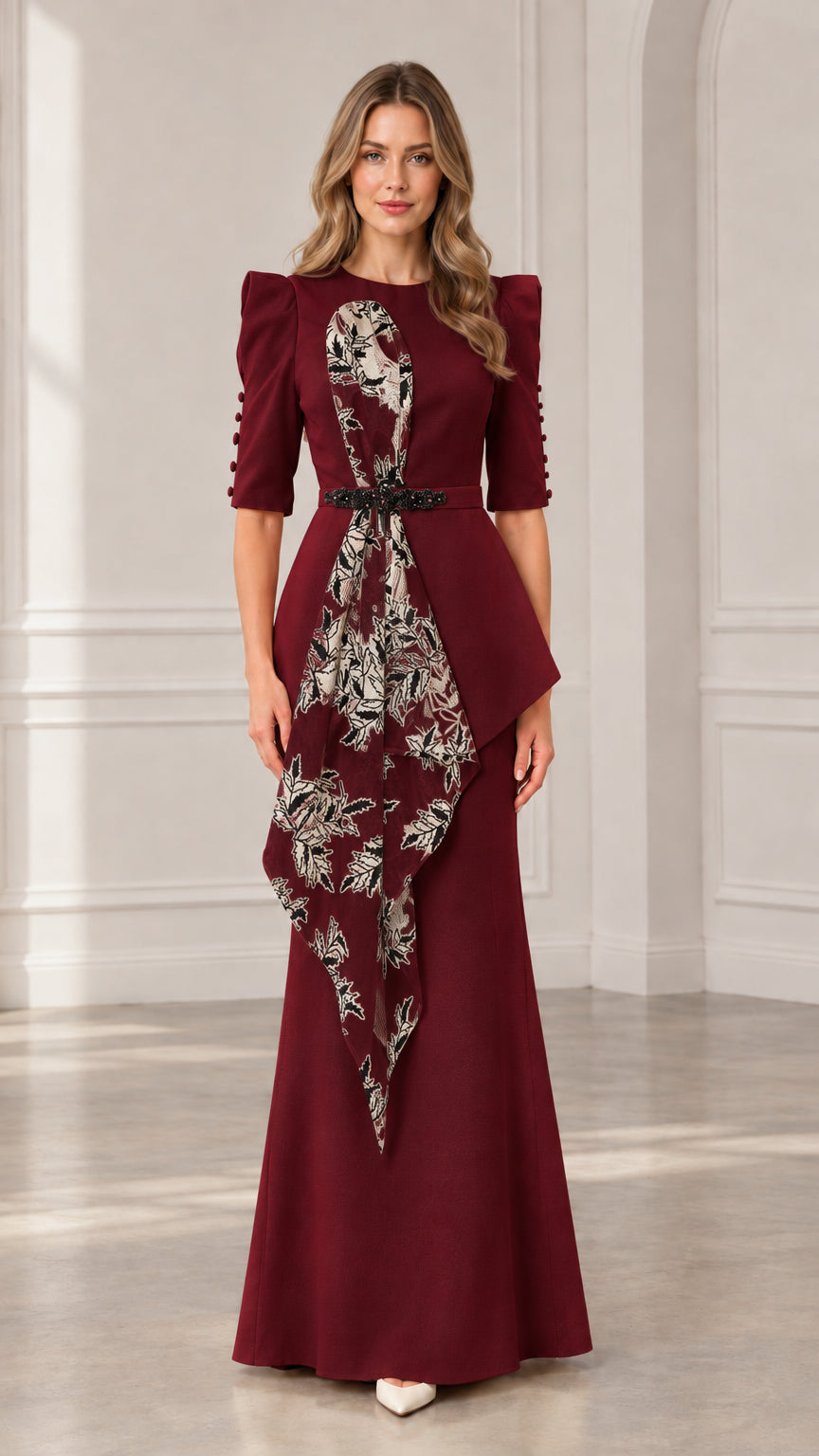 Burgundy formal evening dress with embroidered floral cascade