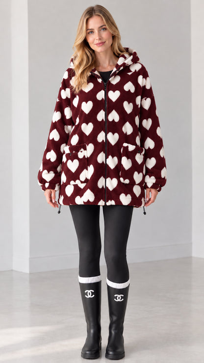 Burgundy wine red heart print plush fleece jacket on model