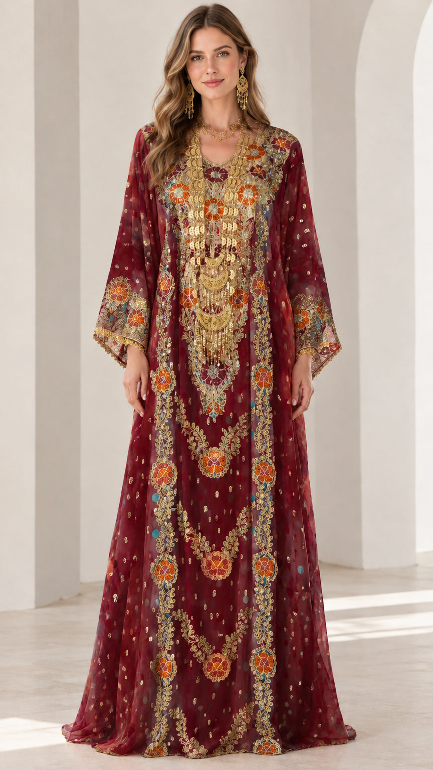 Front view of burgundy red embroidered kaftan maxi dress with gold detailing