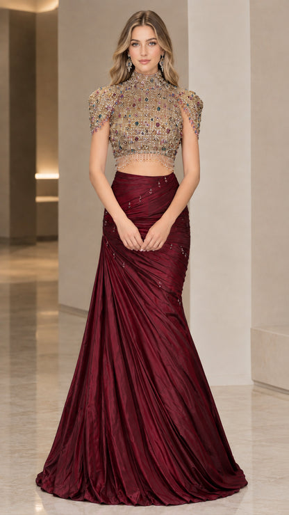 Full-length burgundy wine two-piece embellished mermaid gala gown