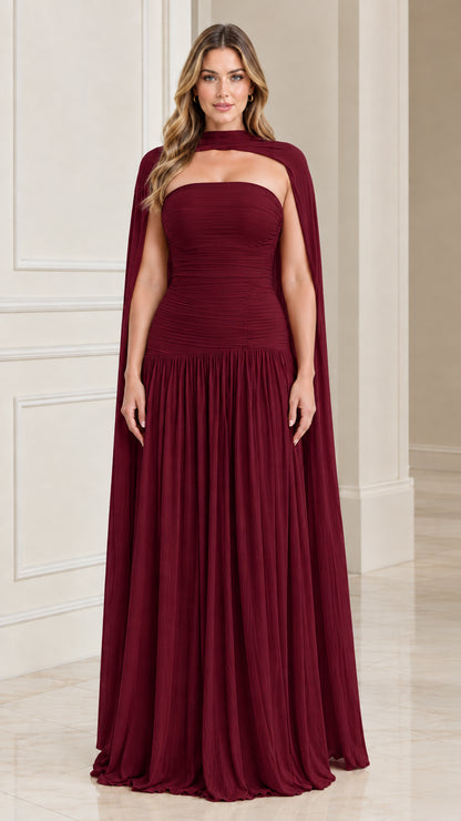 Burgundy wine red formal maxi gown with fitted bodice and flowing choker cape