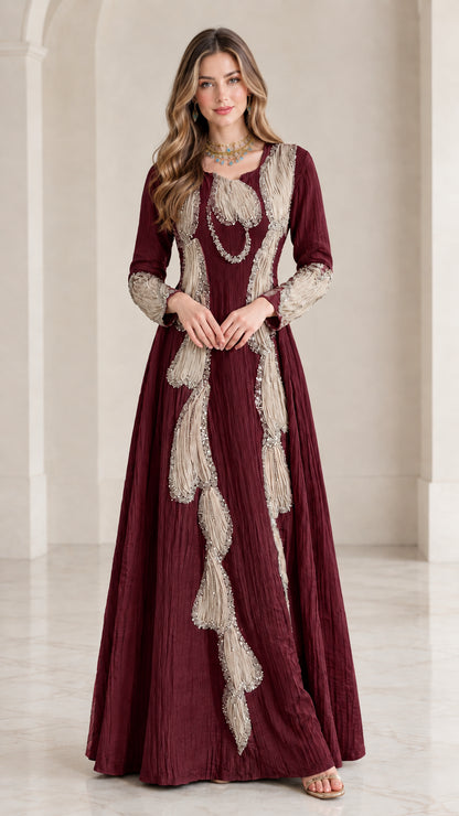Full front view of burgundy wine crinkle maxi dress with contrasting applique