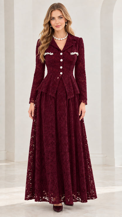 Front full-length view of burgundy red floral lace peplum maxi dress