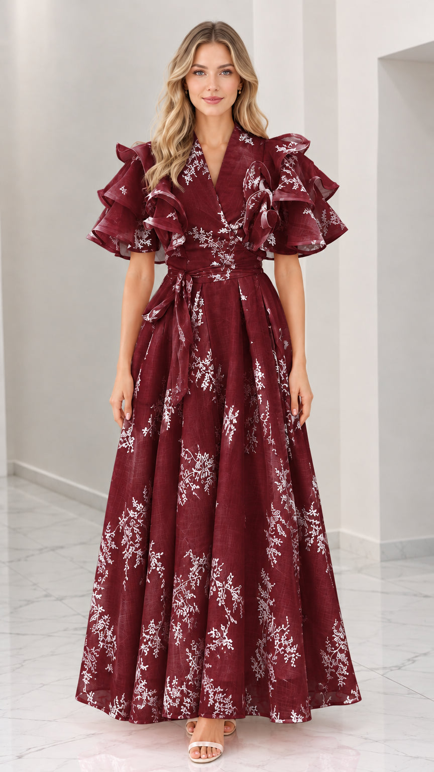 Front full-length view of burgundy wine red floral embroidered maxi dress with tiered ruffle sleeves