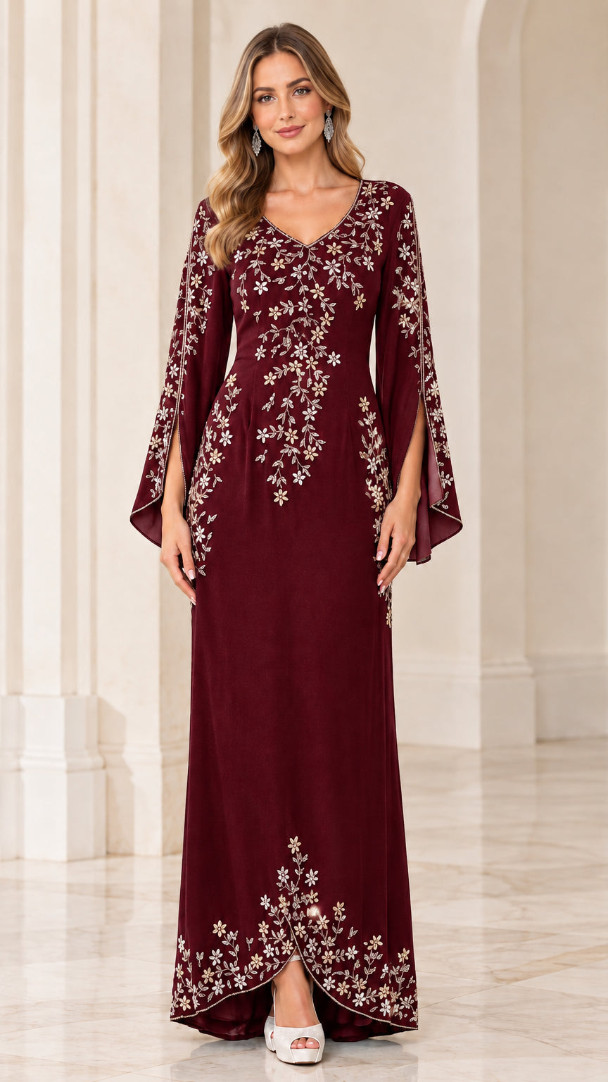 Front view of model wearing Burgundy wine embroidered V-neck formal dress