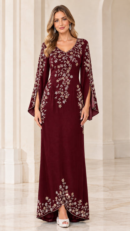 Front view of model wearing Burgundy wine embroidered V-neck formal dress