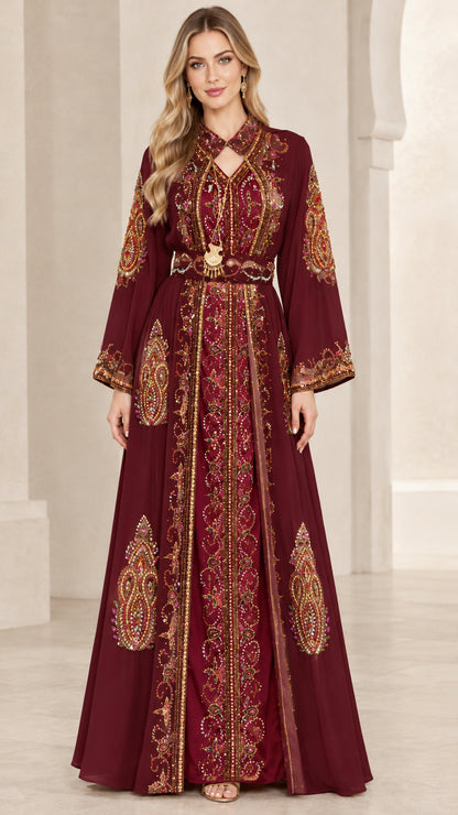 Front view of burgundy embroidered Moroccan kaftan maxi dress with belt