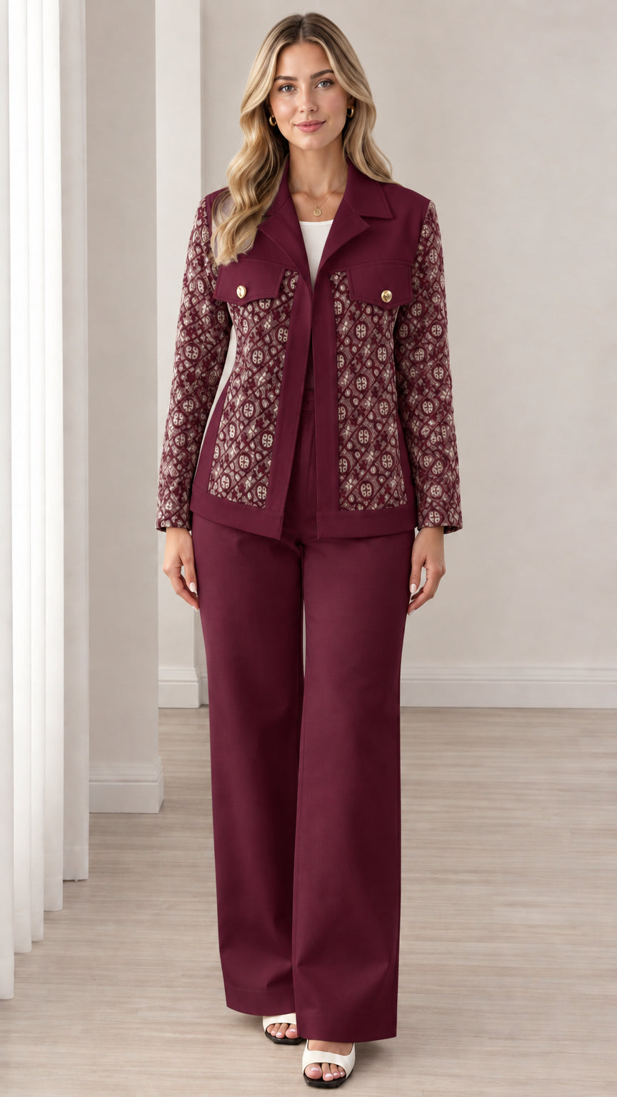 Model wearing Burgundy wine jacquard panel two-piece pant suit set