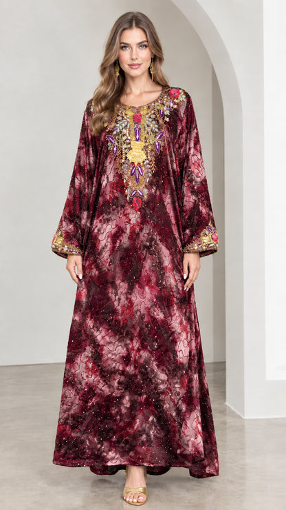 Burgundy wine red tie-dye beaded kaftan maxi dress