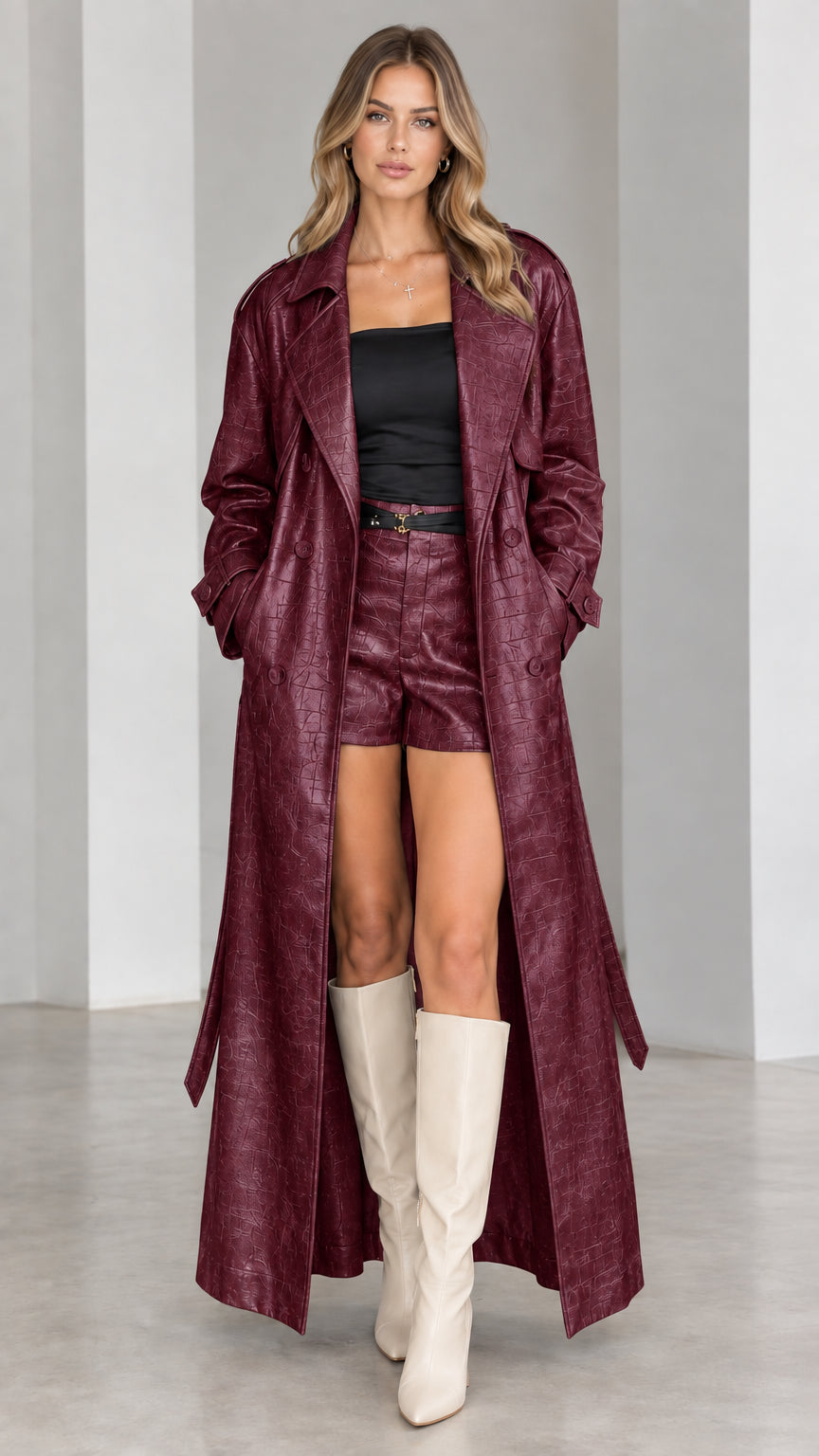 Full-length front view of burgundy wine croc-embossed long trench coat