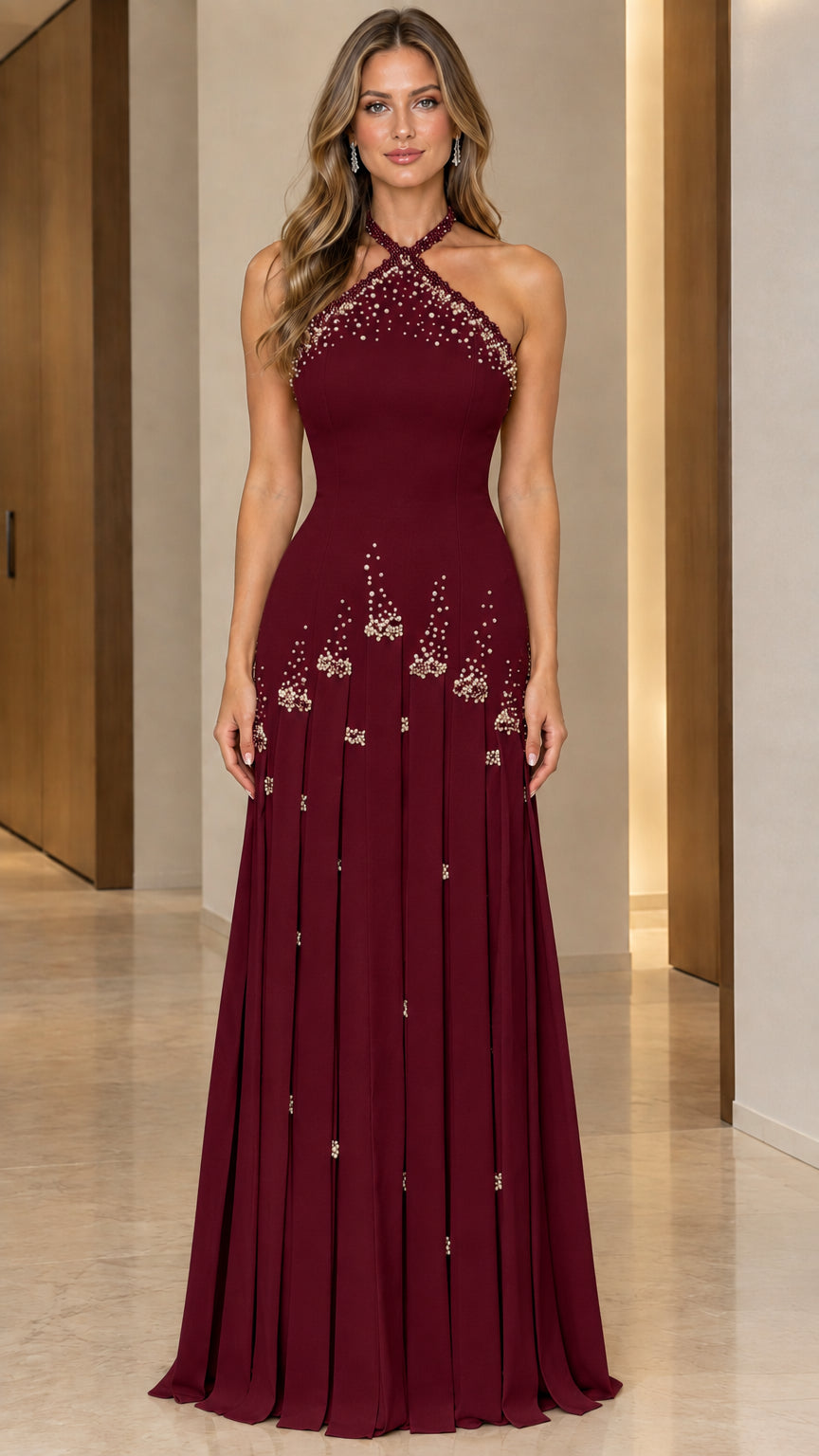 Burgundy wine pearl embellished halter formal evening gown