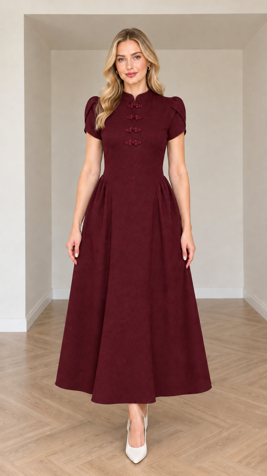 Front view of woman wearing Burgundy mandarin collar A-line midi dress