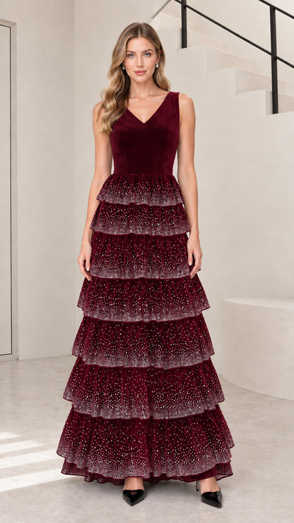 Burgundy wine red velvet and rhinestone tiered evening gown