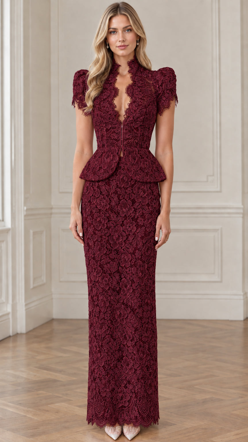 Front view of burgundy wine floral lace peplum evening gown