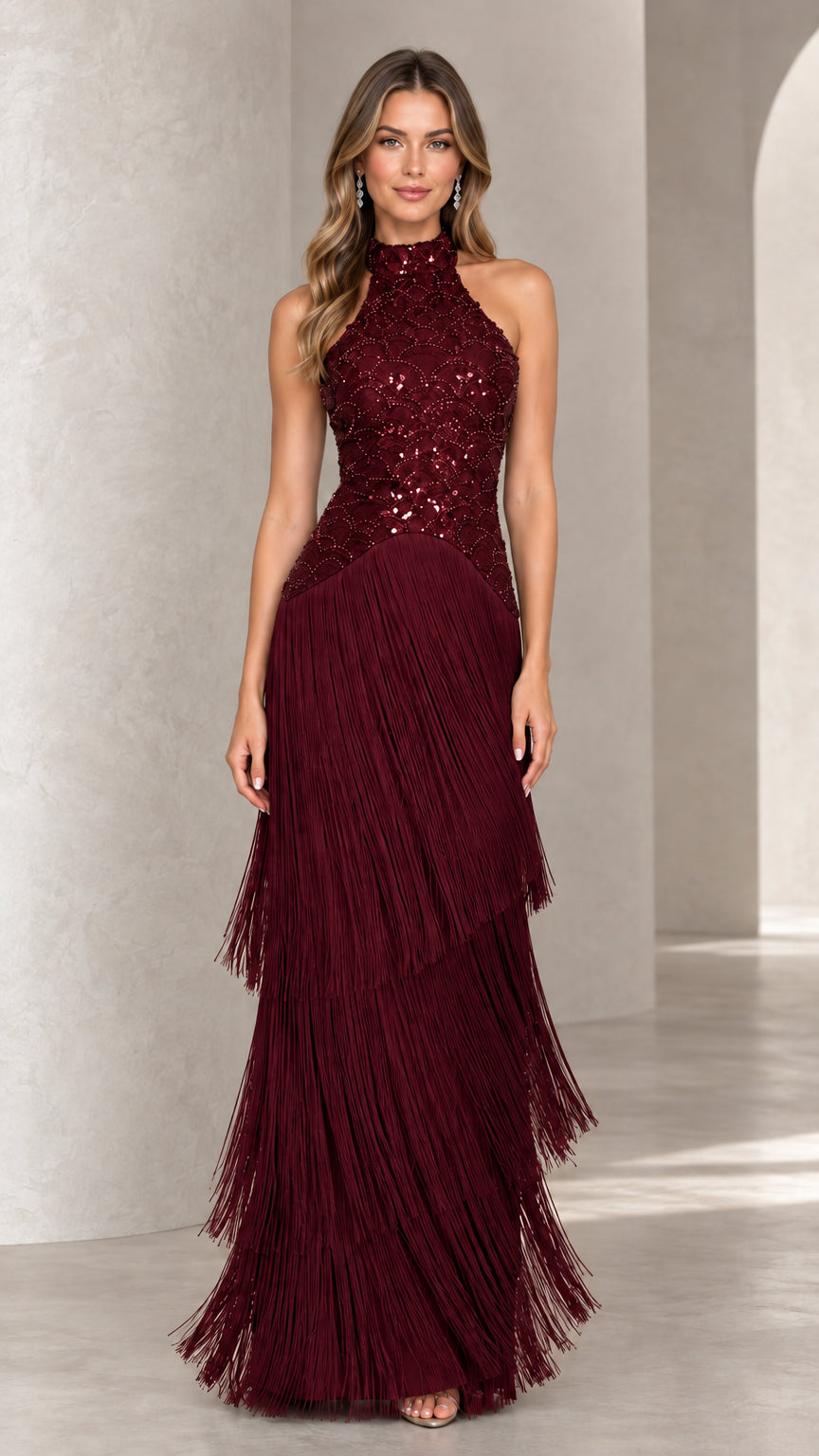 Front view of burgundy red halter sequin tiered tassel fringe evening dress