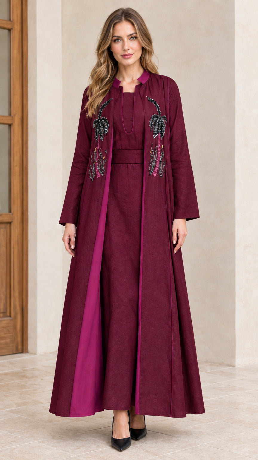 Maroon wine embroidered two-piece abaya maxi dress set with magenta contrast trim
