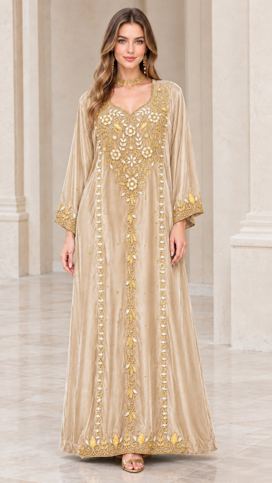 Full-length view of champagne beige embroidered velvet kaftan dress