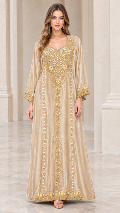 Full-length view of champagne beige embroidered velvet kaftan dress
