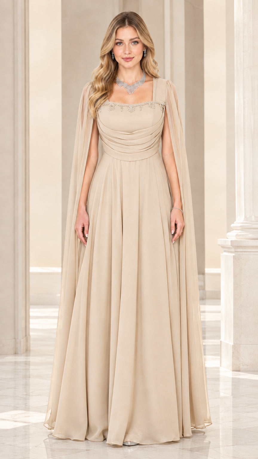 Front view of champagne beige cape sleeve beaded chiffon evening maxi dress