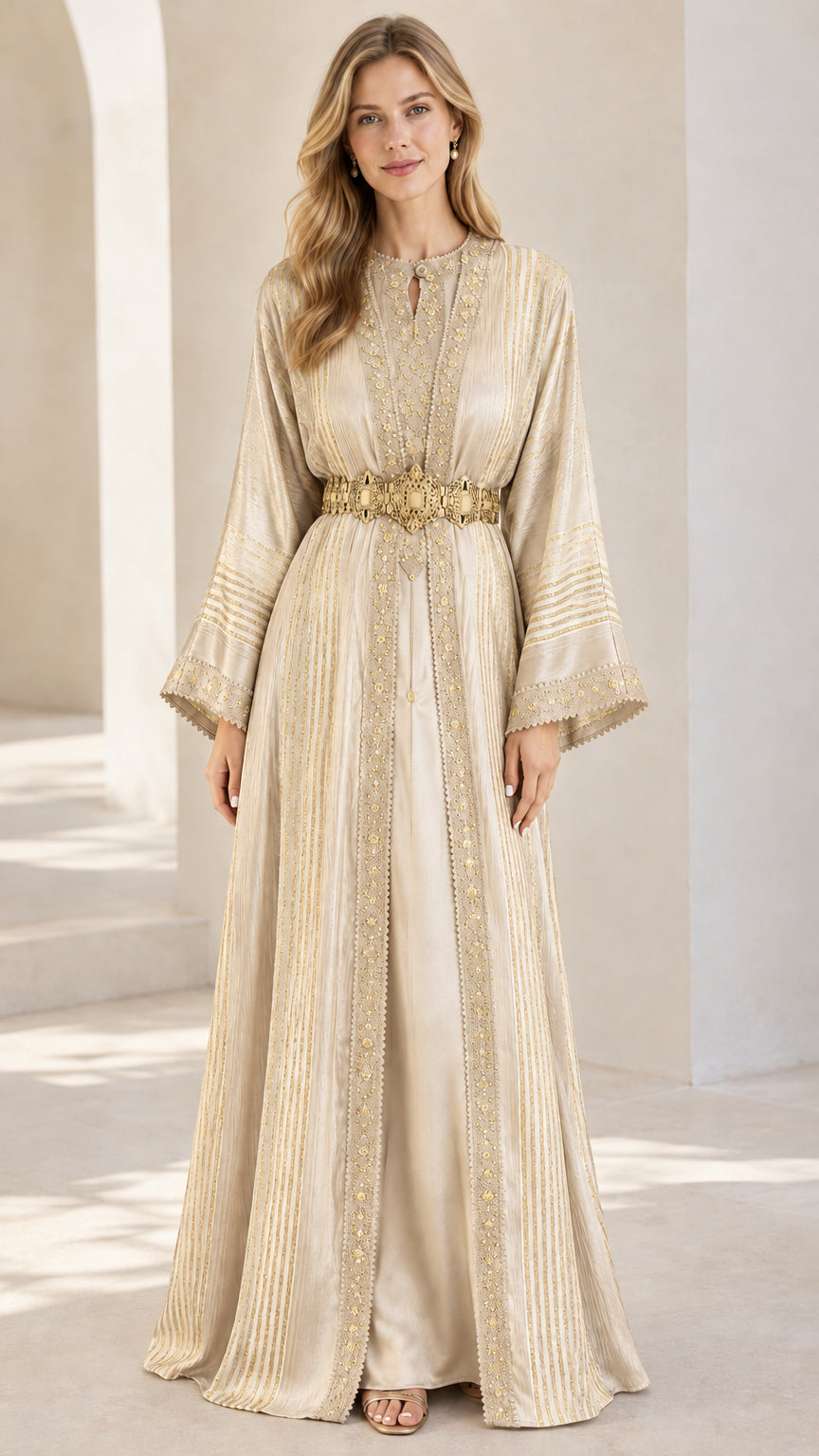 Champagne gold embroidered modest kaftan maxi dress front view