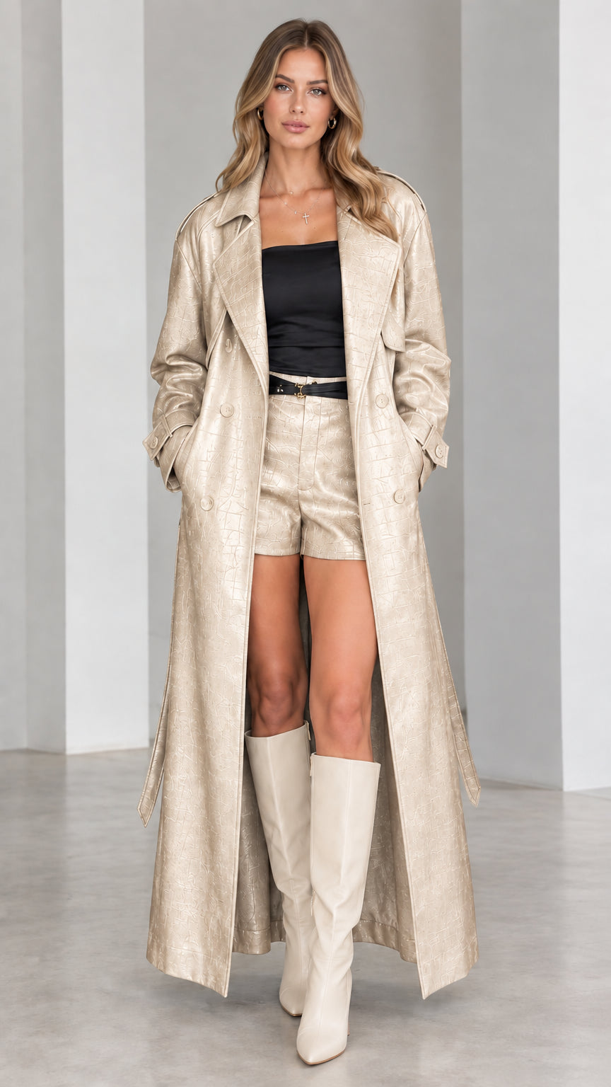 Full-length front view of champagne gold croc-embossed maxi trench coat