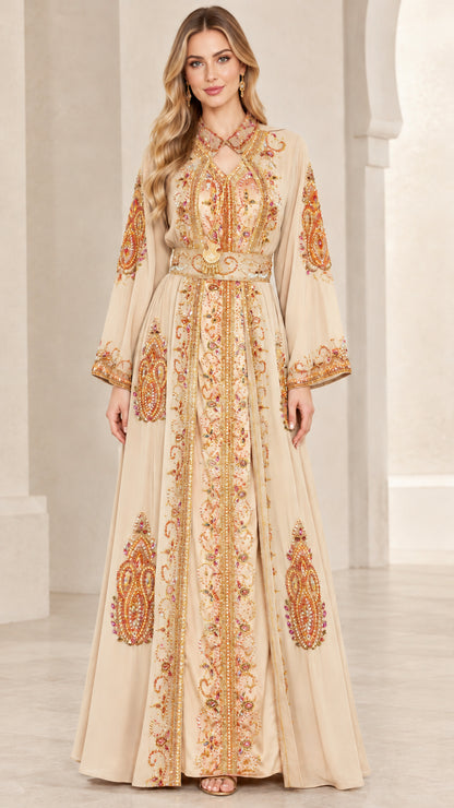 Front view of champagne beige embroidered Moroccan kaftan maxi dress with belt