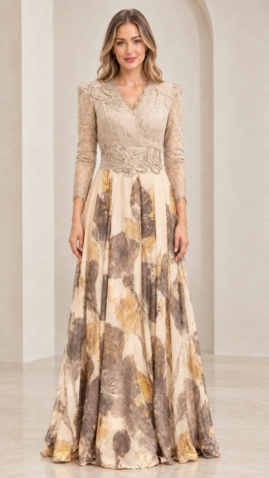 Front view of champagne beige lace bodice evening gown with printed skirt
