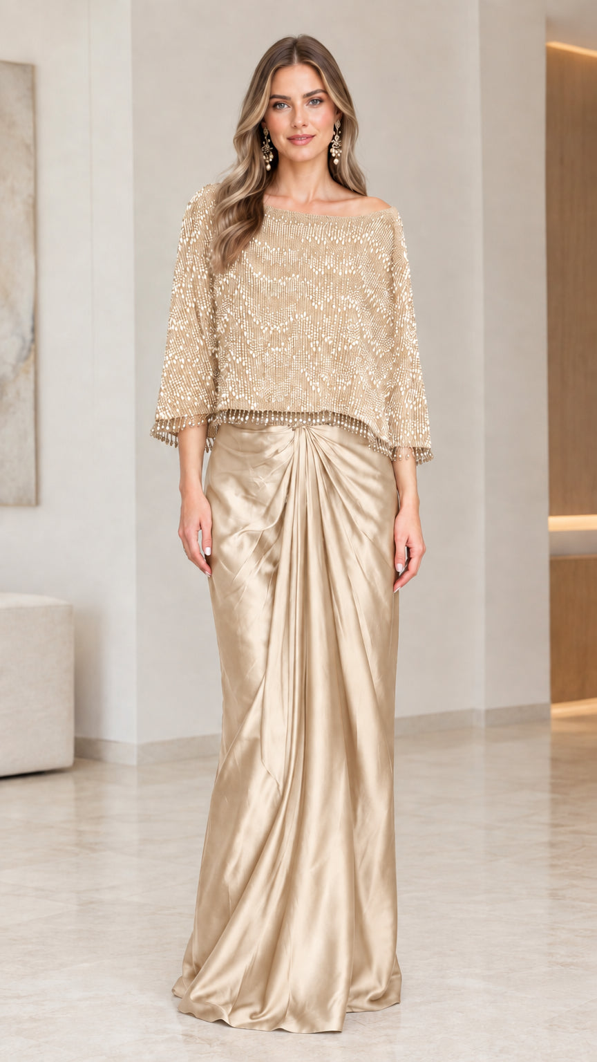 Full-length view of the formal evening gown in Champagne