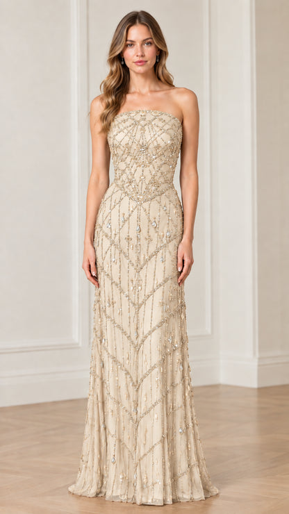 Strapless beaded formal maxi dress in champagne nude front view