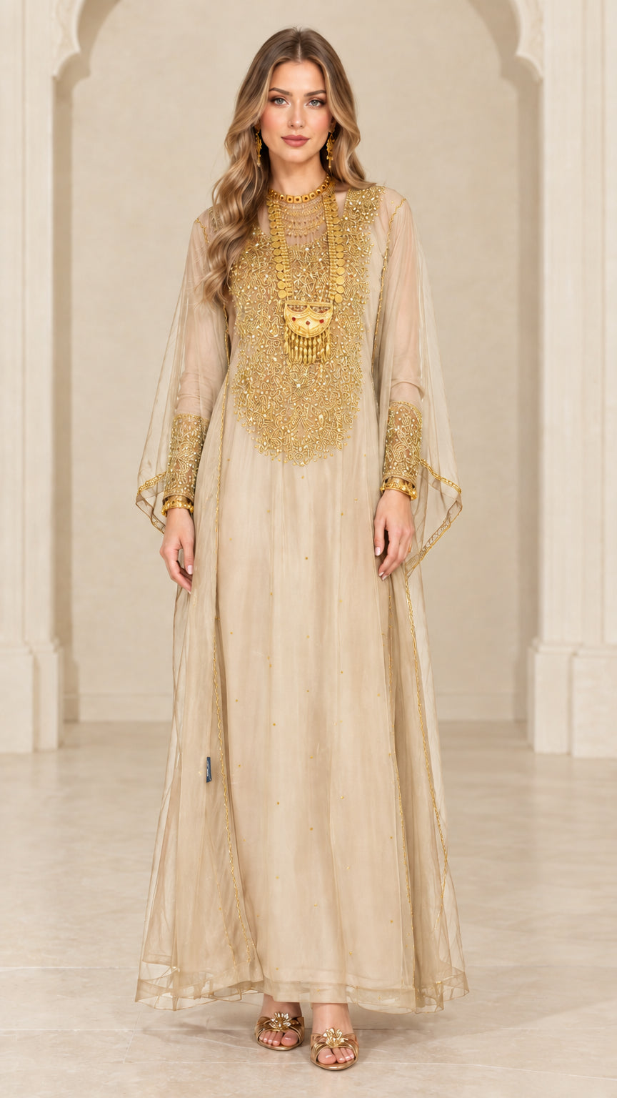 Front view of woman wearing champagne beige embroidered sheer overlay maxi kaftan gown