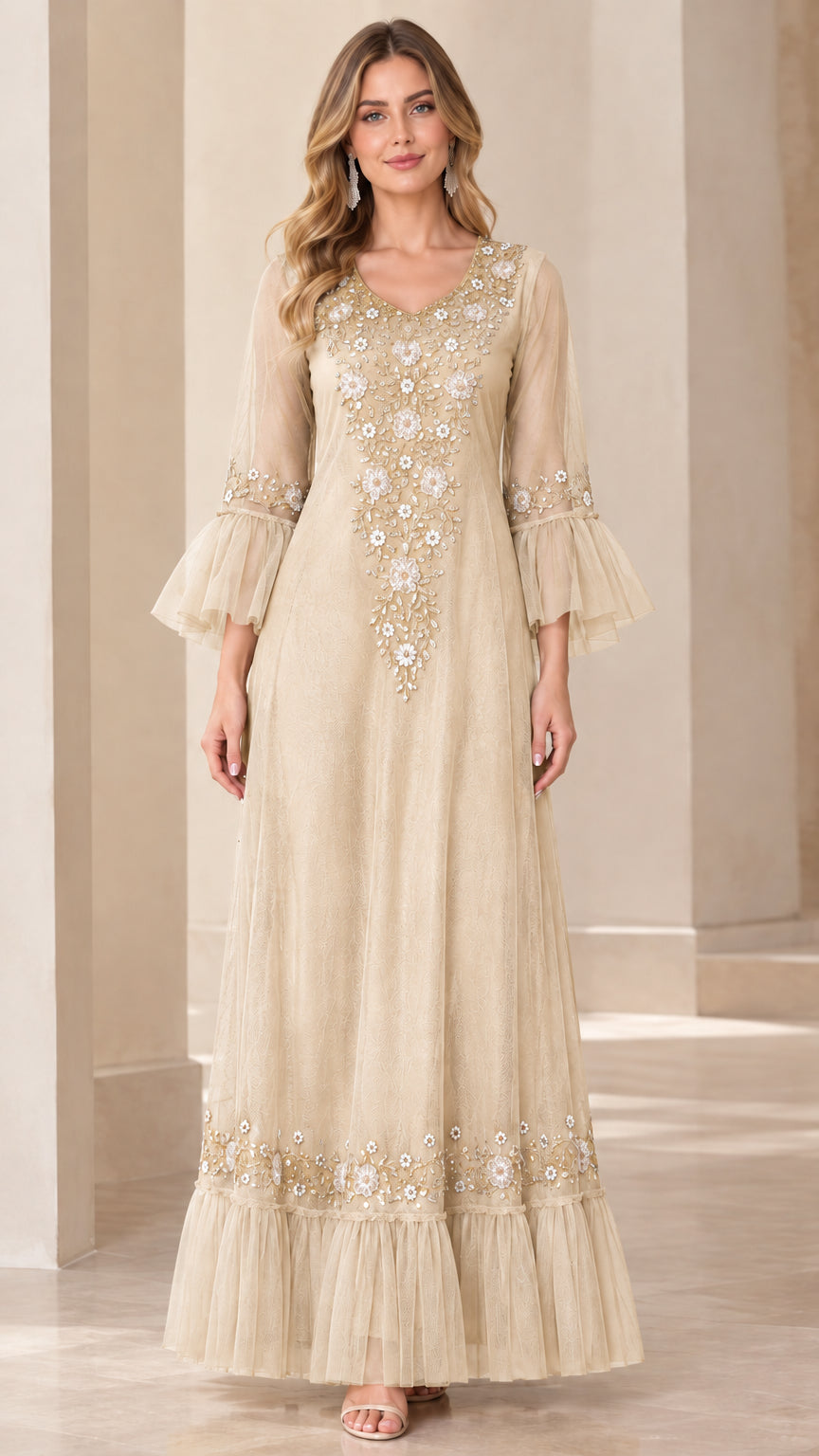 Champagne beige floral embroidered evening gown with tiered hem