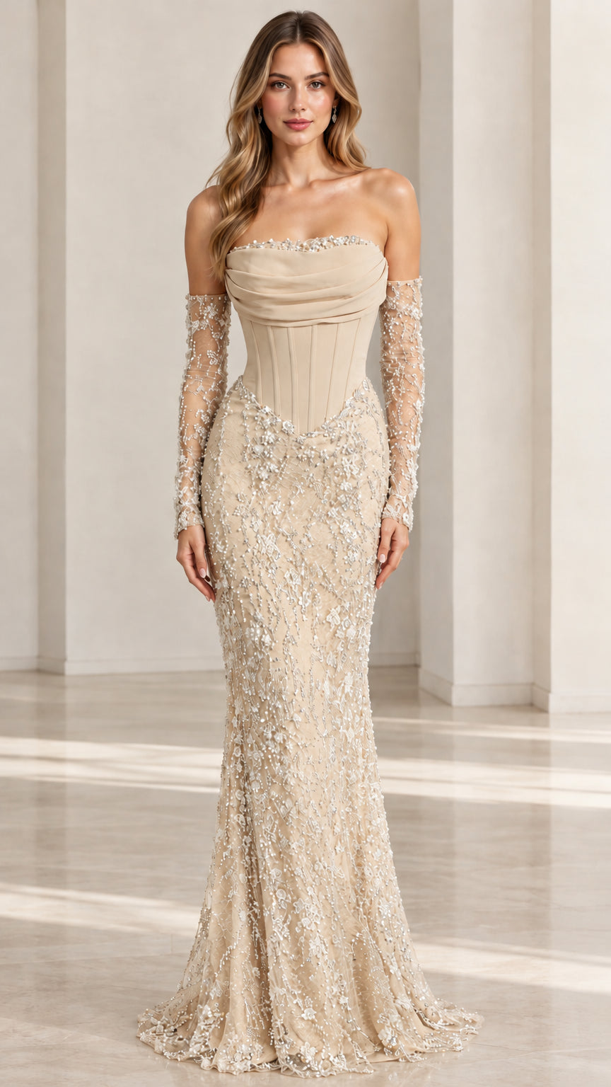 Woman wearing Champagne gold embellished corset formal mermaid dress