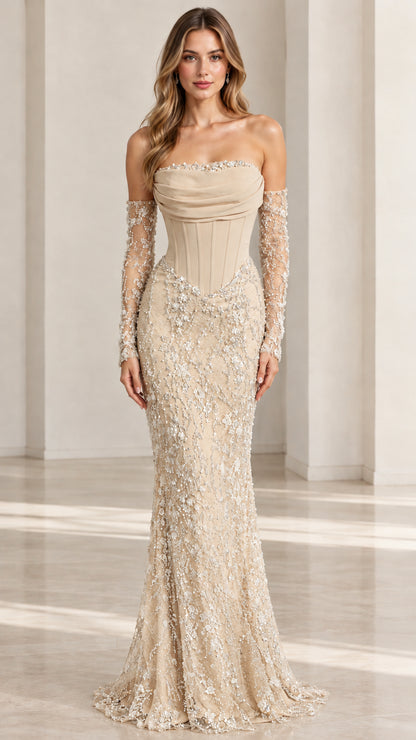 Woman wearing Champagne gold embellished corset formal mermaid dress